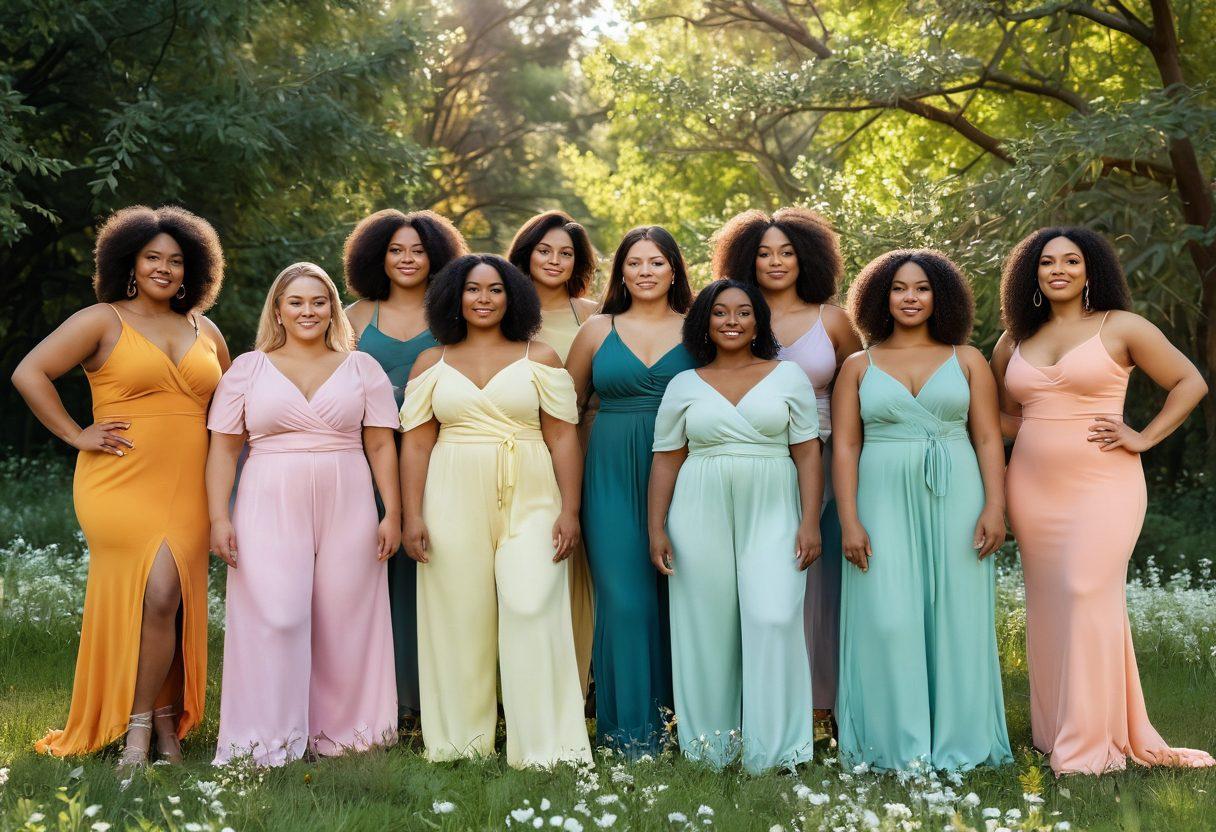 A diverse group of confident women of various shapes, sizes, and ethnicities standing together in a serene nature setting, celebrating body positivity. They showcase their unique beauty with empowering poses, surrounded by blooming flowers symbolizing growth and self-love. The scene conveys joy and unity, with soft sunlight filtering through the trees. pastel colors. super-realistic. harmonious atmosphere.