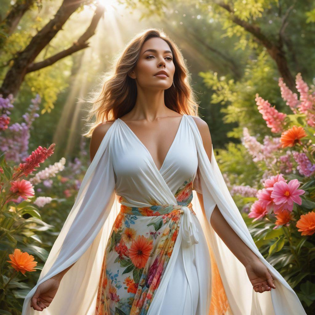 A powerful and confident woman standing tall in a natural setting, surrounded by soft, glowing elements that represent empowerment and wellness. She is adorned in flowing fabrics that suggest freedom, with serene expressions representing self-acceptance and body positivity. In the background, vibrant flowers bloom, symbolizing growth and health. Incorporate gentle light rays filtering through leaves, enhancing a sense of tranquility and strength. super-realistic. vibrant colors. nature-inspired.