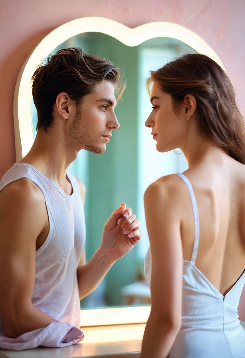 A warm and inviting scene depicting a confident person gazing lovingly at themselves in a mirror, surrounded by soft pastel colors. Incorporate elements of intimacy like heart shapes and gentle touches, symbolizing the connection with self and partners. Include abstract representations of body confidence like flowing lines and glowing auras around the individual. super-realistic. vibrant colors. soft-focus background.